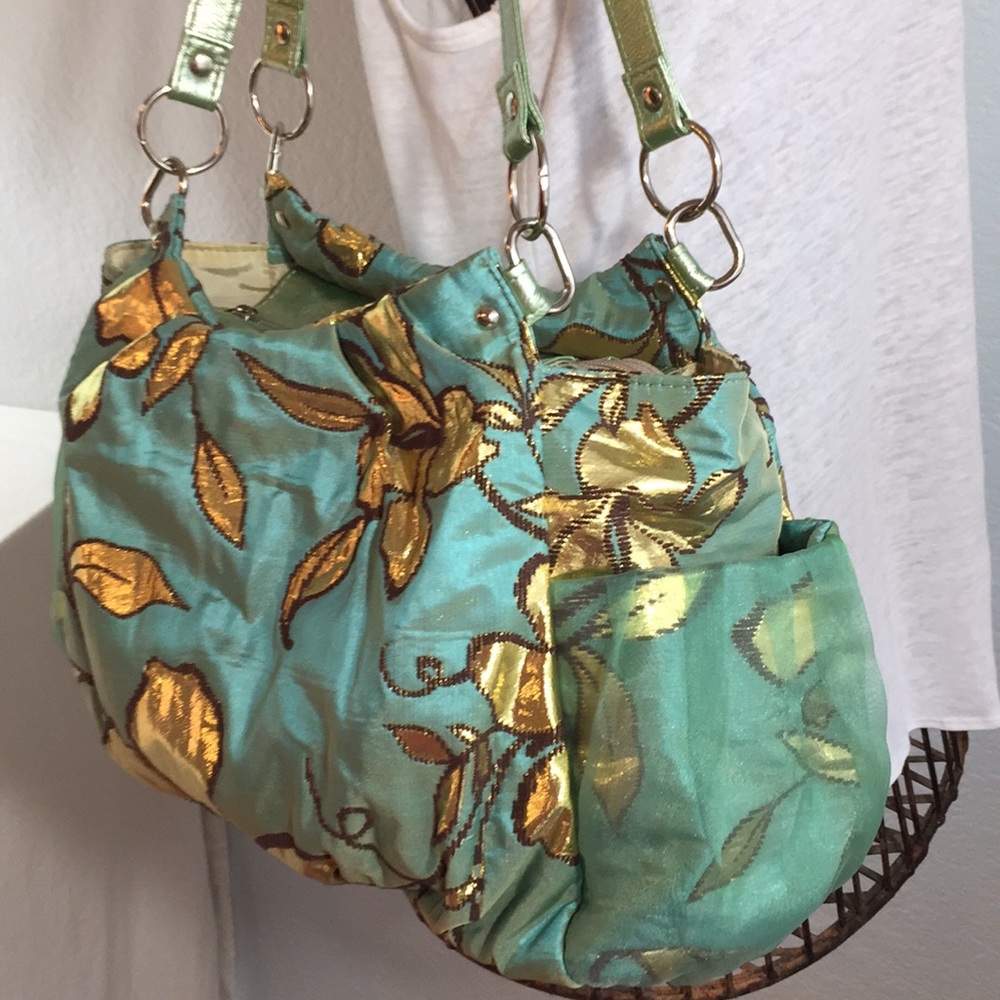 Unique bag, teal/green, gold floral, gorgeous, EUC - Picture 4 of 8
